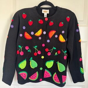 Vintage Cardigan Sweater Black Multicolor Fruit Print Crocheted Buttons